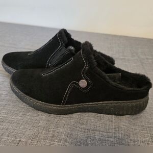 Clarks Caroline Step Black Suede Slip Ons Faux Fur Clogs Mules Women’s 8.5m